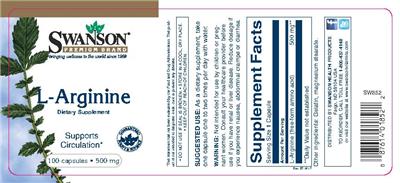 Photo of the Swanson Premium Brand L-Arginine 500 mg label