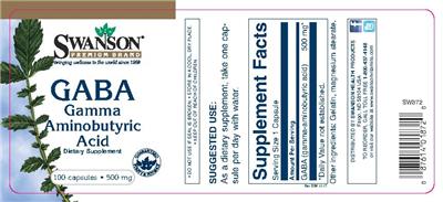 Photo of the Swanson Premium Brand GABA Gamma Aminobutyric Acid 500 mg label