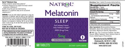 Photo of the Natrol Melatonin 5 mg label