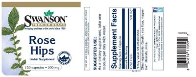 Photo of the Swanson Premium Brand Rose Hips 500 mg label