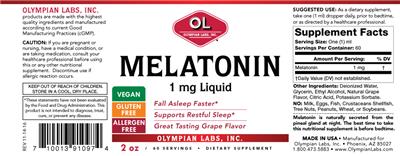 Photo of the OL Olympian Labs Melatonin 1 mg Liquid Grape Flavor label