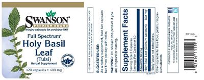 Photo of the Swanson Premium Brand Full Spectrum Holy Basil Leaf (Tulsi) 400 mg label