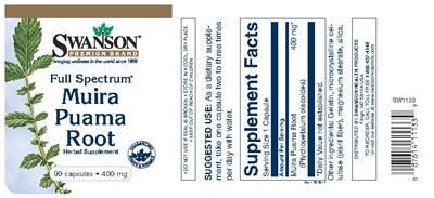 Photo of the Swanson Premium Brand Full Spectrum Muira Puama Root 400 mg label