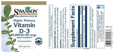 Photo of the Swanson Premium Brand Higher Potency Vitamin D-3 2,000 IU (50 mcg) label
