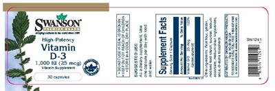 Photo of the Swanson Premium Brand High-Potency Vitamin D-3 1,000 IU (25 mcg) label