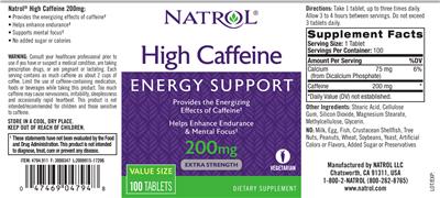 Photo of the Natrol High Caffeine 200 mg label