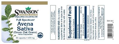 Photo of the Swanson Premium Brand Full Spectrum Avena Sativa (Green Oat Grass) 400 mg label