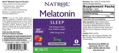 Photo of the Natrol Melatonin 5 mg Fast Dissolve Strawberry Flavor label