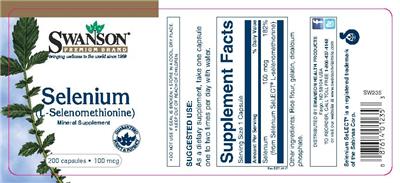 Photo of the Swanson Premium Brand Selenium (L-Selenomethionine) 100 mcg label