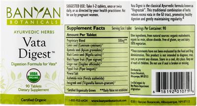 Photo of the Banyan Botanicals Vata Digest label