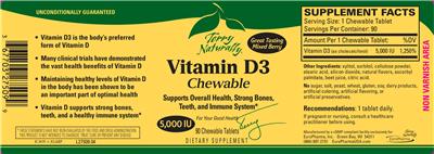 Photo of the Terry Naturally Vitamin D3 Chewable Mixed Berry 5,000 IU label