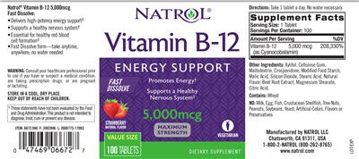 Photo of the Natrol Vitamin B-12 5,000 mcg Fast Dissolve Strawberry Natural Flavor label