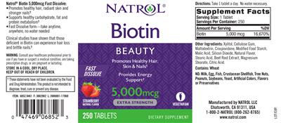 Photo of the Natrol Biotin 5,000 mcg Fast Dissolve Strawberry label