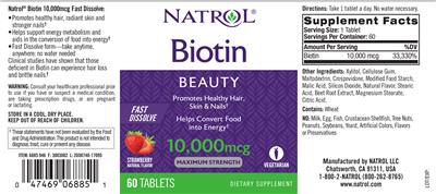 Photo of the Natrol Biotin 10,000 mcg Fast Dissolve Strawberry Natural Flavor label