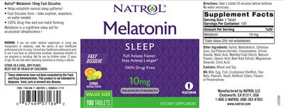 Photo of the Natrol Melatonin 10 mg Fast Dissolve Citrus Natural Flavor label