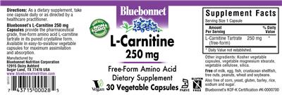 Photo of the Bluebonnet L-Carnitine 250 mg label