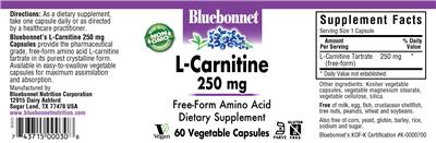 Photo of the Bluebonnet L-Carnitine 250 mg label
