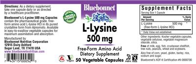 Photo of the Bluebonnet L-Lysine 500 mg label