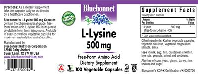 Photo of the Bluebonnet L-Lysine 500 mg label