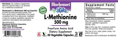 Photo of the Bluebonnet L-Methionine 500 mg label