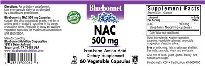 Photo of the Bluebonnet NAC 500 mg label