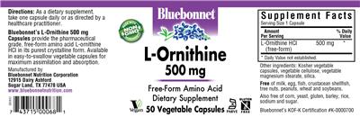 Photo of the Bluebonnet L-Ornithine 500 mg label