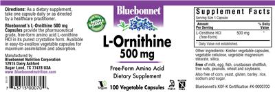 Photo of the Bluebonnet L-Ornithine 500 mg label