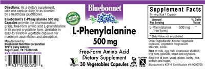 Photo of the Bluebonnet L-Phenylalanine 500 mg label