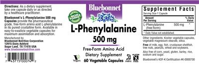 Photo of the Bluebonnet L-Phenylalanine 500 mg label