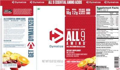 Photo of the Dymatize All9 Amino Fruit Fusion Rush label