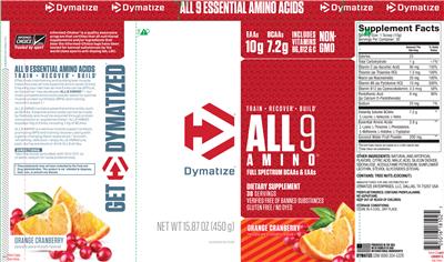 Photo of the Dymatize All9 Amino Orange Cranberry label