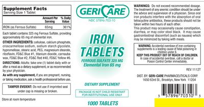 Photo of the Geri-Care Iron Tablets 65 mg label