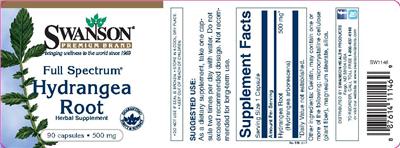 Photo of the Swanson Premium Brand Full Spectrum Hydrangea Root 500 mg label
