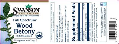 Photo of the Swanson Premium Brand Full Spectrum Wood Betony 400 mg label
