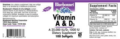 Photo of the Bluebonnet Vitamin A & D3 label