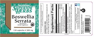 Photo of the Swanson Superior Herbs Boswellia Serrata 200 mg label