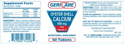 Photo of the Geri-Care Oyster Shell Calcium 500 mg Plus Vitamin D label