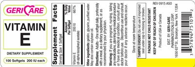 Photo of the Geri-Care Vitamin E 200 IU label