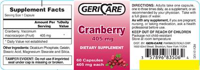 Photo of the Geri-Care Cranberry 405 mg label