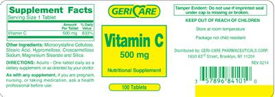 Photo of the Geri-Care Vitamin C 500 mg label
