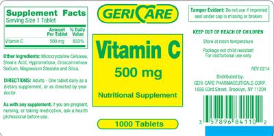 Photo of the Geri-Care Vitamin C 500 mg label