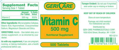 Photo of the Geri-Care Vitamin C 500 mg label