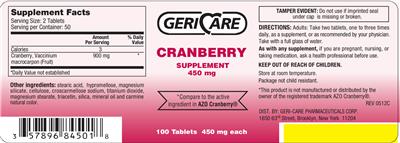 Photo of the Geri-Care Cranberry 450 mg label