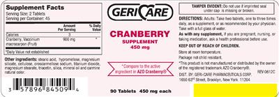 Photo of the Geri-Care Cranberry 450 mg label