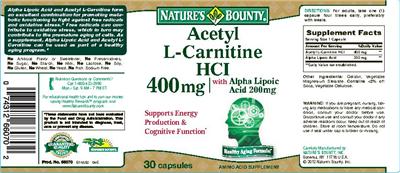 Photo of the Nature's Bounty Acetyl L-Carnitine HCl 400 mg With Alpha Lipoic Acid 200 mg label