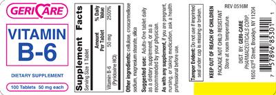 Photo of the Geri-Care Vitamin B-6 50 mg label