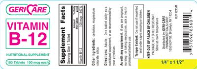 Photo of the Geri-Care Vitamin B-12 100 mcg label