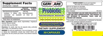Photo of the Geri-Care Probiotic Saccharomyces boulardii label