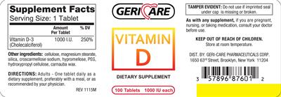 Photo of the Geri-Care Vitamin D 1000 IU label