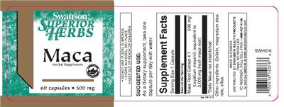 Photo of the Swanson Superior Herbs Maca 500 mg label